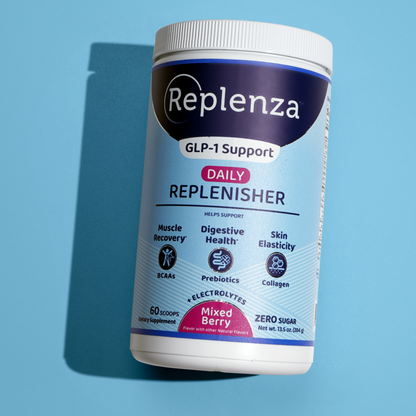 Replenza™ Daily Replenisher for GLP-1 users, supporting muscle recovery, digestive health, and skin elasticity with a refreshing amino acid blend.