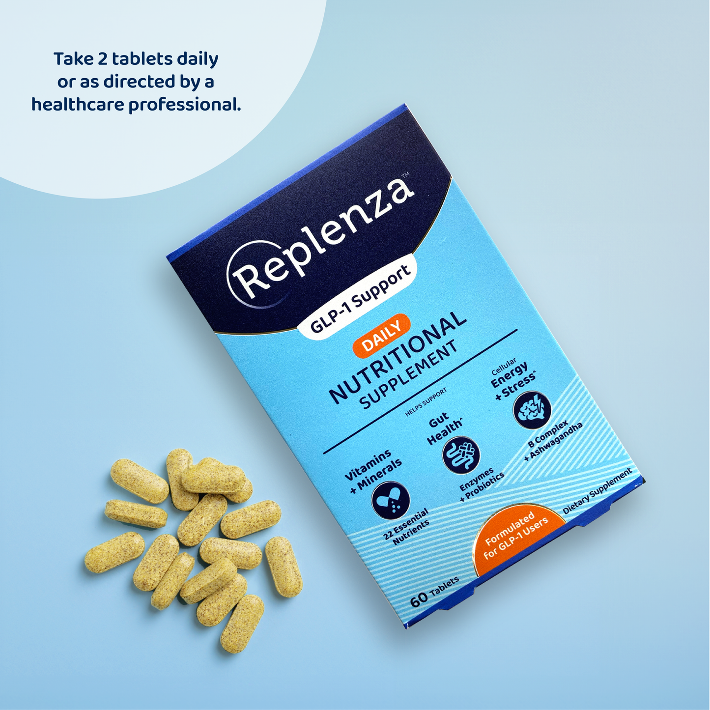 Take 2 tablets daily or as directed by a healthcare professional – Replenza™