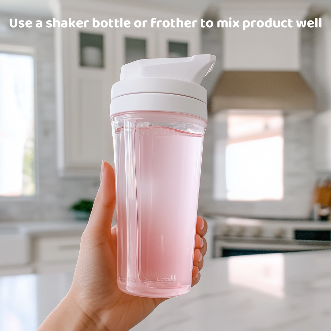 Use a shaker bottle or frother to mix product well